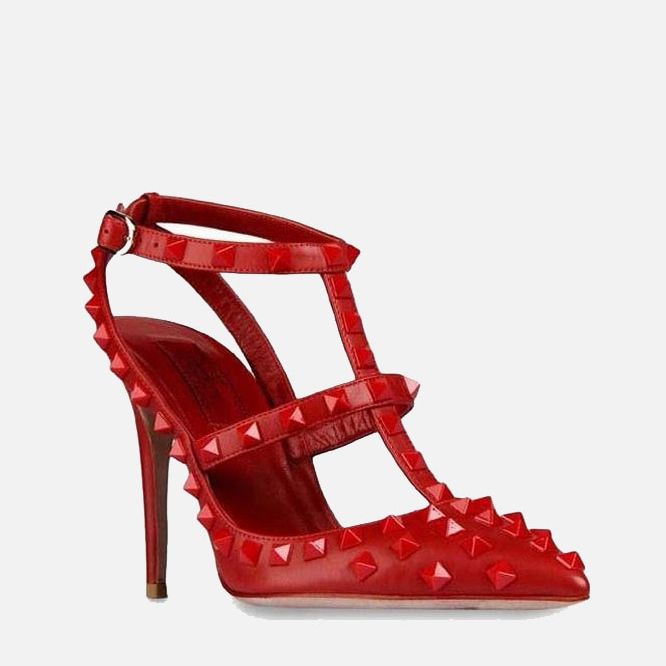 Сексуальные красные туфли  декорированные шипами-заклепками