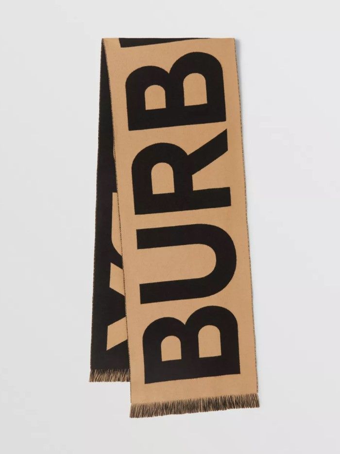 Шерстяной шарф Burberry c логотипом, бежевый с черным