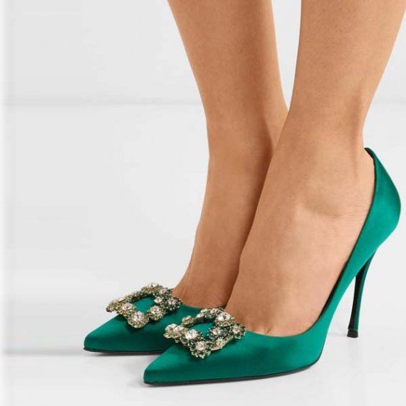 Сатиновые туфли Roger Vivier с кристаллами, зелёные