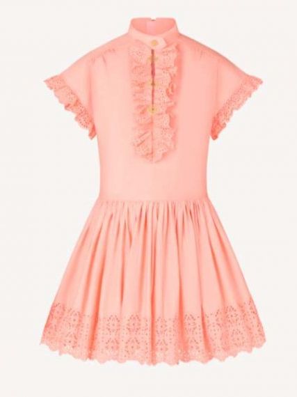 Платье LV с рюшами и ажурной юбкой, персиковое