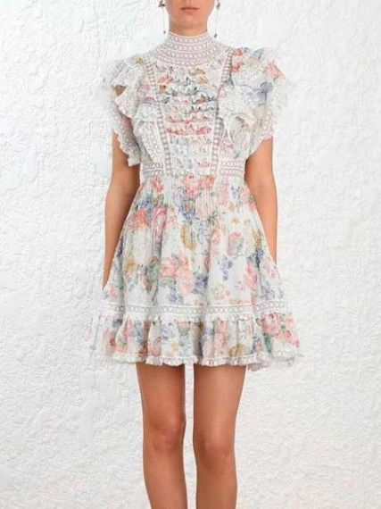 Короткое платье ZIMMERMANN с цветочным принтом и кружевом