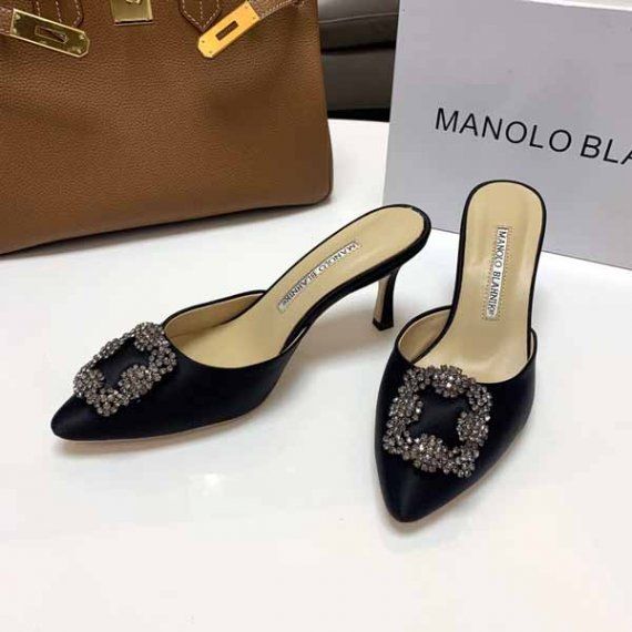 Сатиновые мюли Manolo Blahnic c брошью, черные