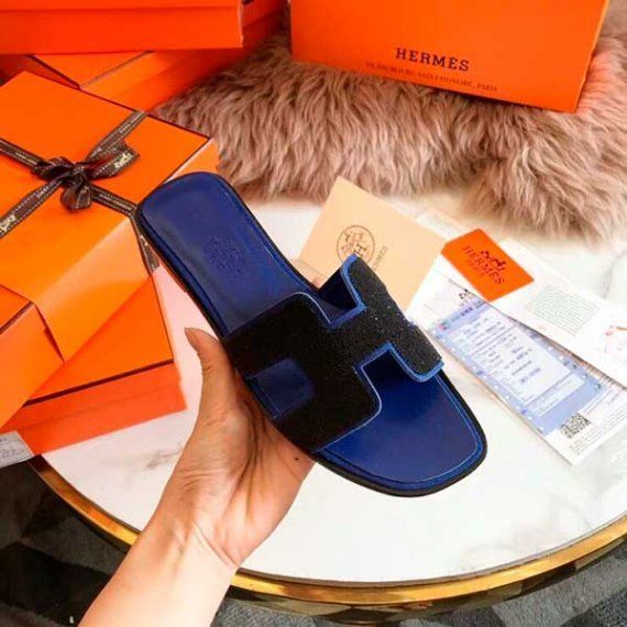 Шлепанцы HERMES c шиммером, синие