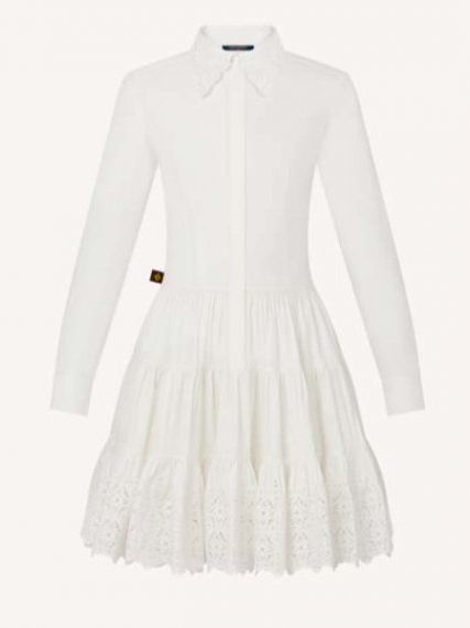 Короткое платье LV с длинным рукавом и ажурной юбкой, белое