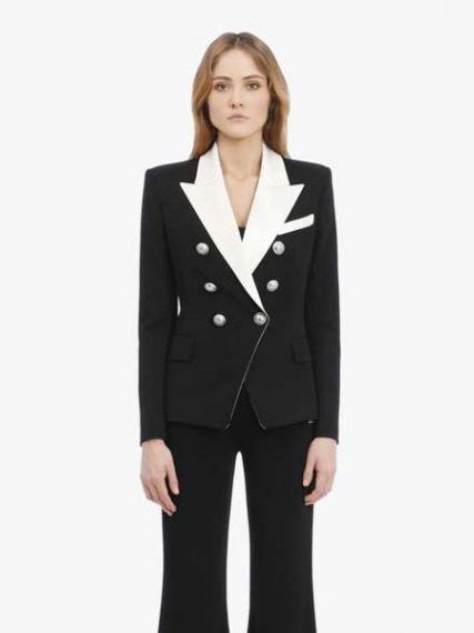 Двубортный черный пиджак BALMAIN с белыми лацканами