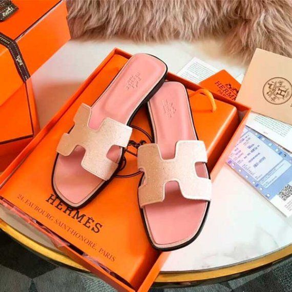 Шлепанцы HERMES c шиммером, розовые