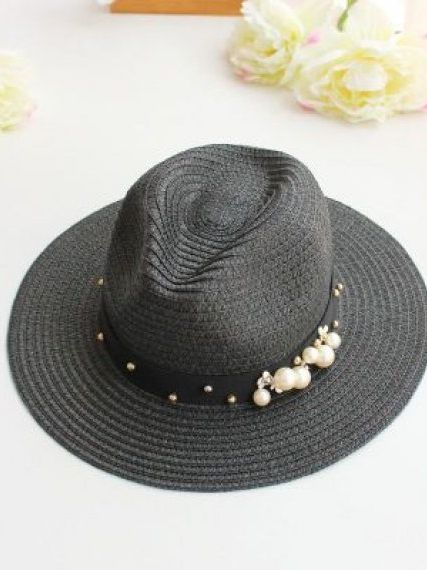Черная шляпа Panama hat с жемчужинами
